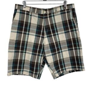 Hurley Chino Shorts Men's Size‎ 36 Cream Brown Plaid Flat Front Cotton Blend Zip